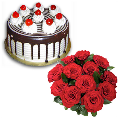 "Chocolate cake half kg , 12 Red Roses Flower bunch - Click here to View more details about this Product